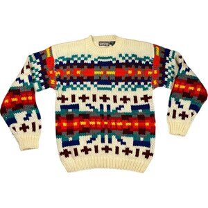 Mens Vintage Hand Knit Aztec Sweater Size S Wool Blend 80s Southwestern Cabin